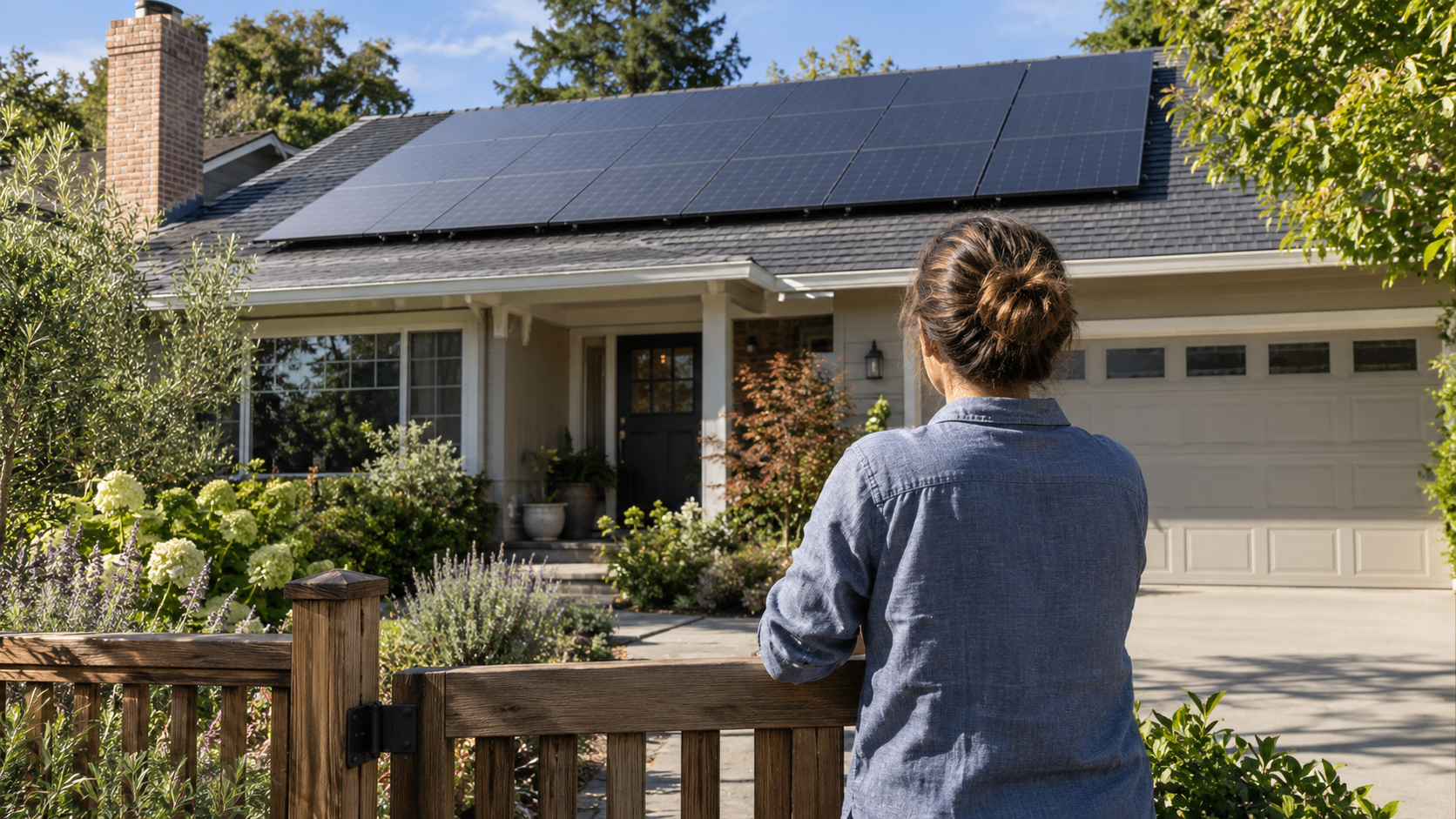 Homeowner looking toward a home with rooftop solar panels