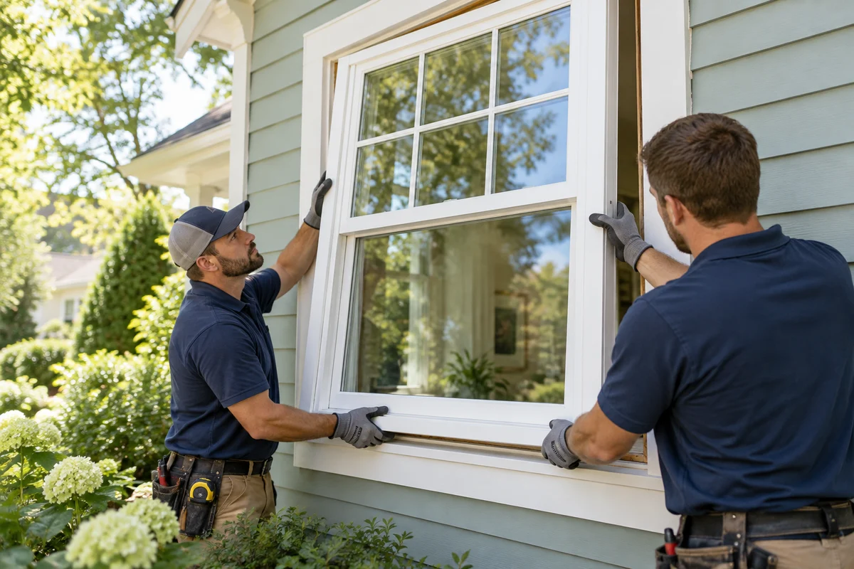 Installers fitting a replacement window in a home