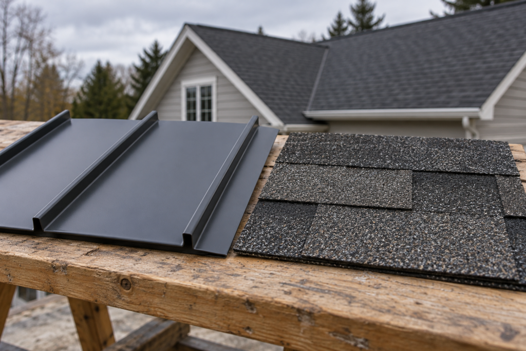 Standing-seam metal and asphalt shingle roofing samples on an outdoor workbench
